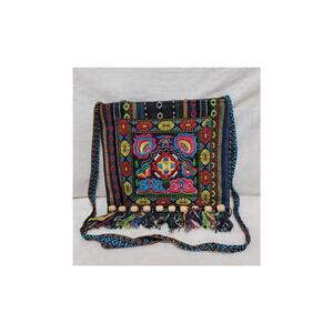 Boho Embroidered Floral Crossbody Bag Multi Color Fringe Wooden Beads Festival